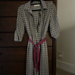 Elegant Gray Checkered Dress with Purple Belt